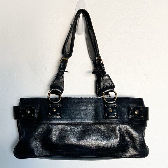 Vintage Cynthia Rowley Purse Bag 90's Y2K Black Buckle Studs Genuine Leather - Picture 1 of 8